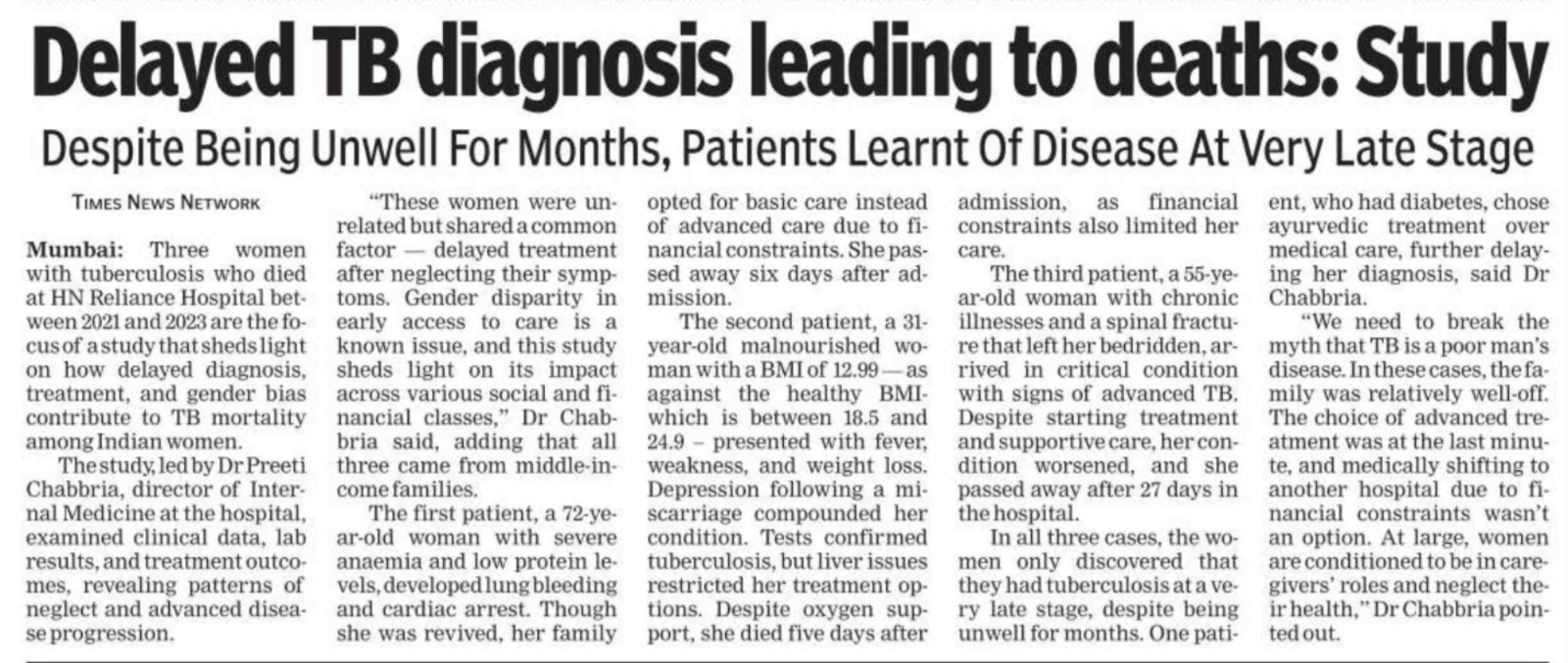 Times of India_Dr Preeti Chabbria_Case report